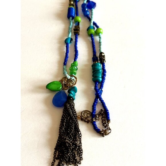 Retro Extra Long Beaded Tassel Pendant Necklace Blue Green Mix Beads - Picture 3 of 7